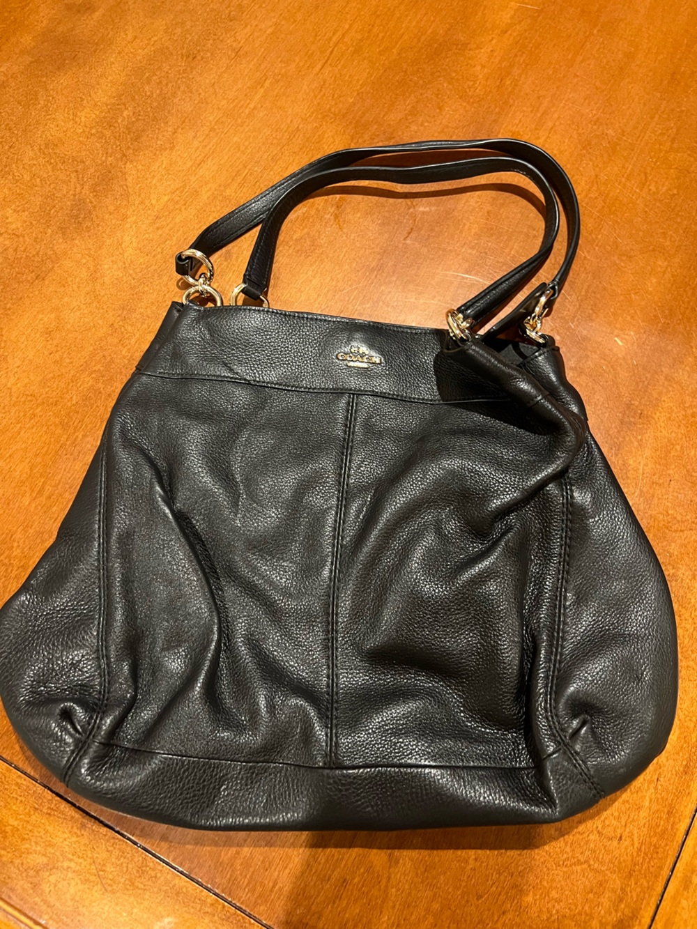 Coach Black Pebbled Leather Double-Handle Shoulder Bag with Gold Hardware